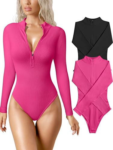 OQQ WOMEN'S 2 PIECE BODYSUITS SEXY RIBBED ONE PIECE ZIP FRONT LONG