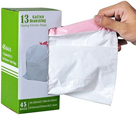 Tall Kitchen Drawstring Trash Bag - 13 Gallon, 45 Count, Multipurpose, Unscented, Fresh Clean, Thickness Strengthened And Drawstring Seal, White