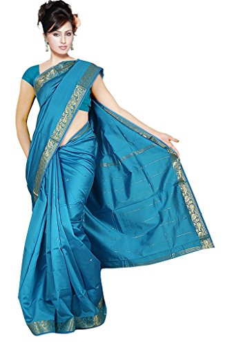 Indian Women's Traditional Art Silk Saree Sari Drape Top Veil fabric Blue