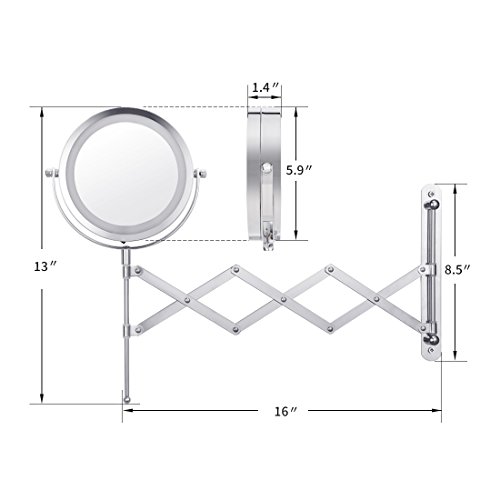 16" Length Arm Led Cosmetic Mirror Wall Mounted, Double Side, 1X/3X Magnification, Lighting, Adjustable, Rotating Function, Stainless Steel, Powered by 4 x AAA batteries (not included) - Thumbnail 4