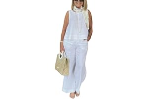 BENGBOBAR 2 Piece Linen Set for Women Solid Color Tank Top and Wide Leg Pants Suits Dressy Matching Sets with Pockets