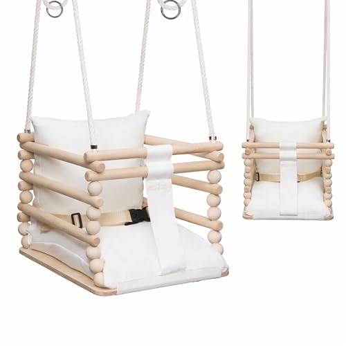 MAMOI Baby Wooden Swing, Beige + Haken, Scandinavian Style, 30x34x34 cm, 2.0 kg, Oak Finish, 25 kg Max Weight