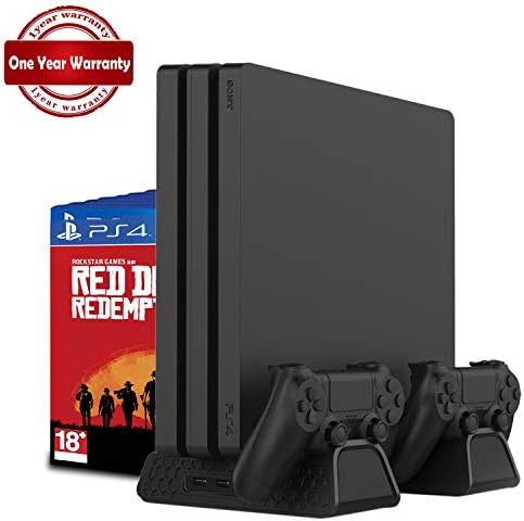 RegeMoudal Vertical Bracket with Cooling Fan for PS4 / PS4 Slim / PS4 Pro, PS4 Series Vertical Bracket with Cooling Fan and Dual Controller Charging Station for PS4/PS4 Slim/PS4 Pro with 3 Built-in C