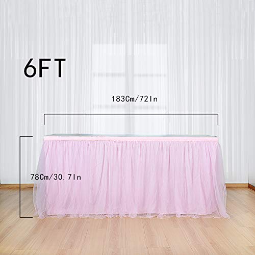 6FT Pink Tulle Table Skirt Highend Gold Brim 3 Layer Round or