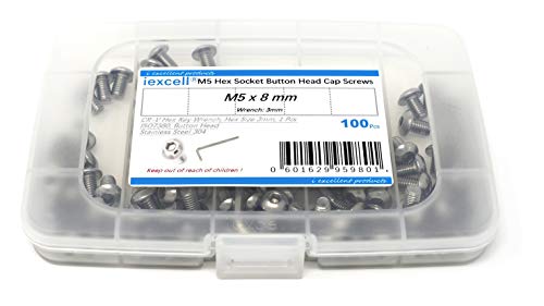 iExcell 100 Pcs M5 x 8 mm Stainless Steel 304 Hex Socket Button Head Cap Screws, Come in an Easy-use Storage Case