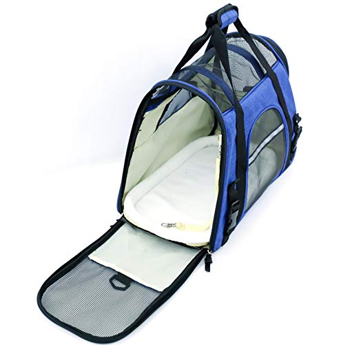 Mr. Peanut's Airline Approved Soft Sided Pet Carrier by, Two-Tone Luxury Travel Tote with Fleece Bedding, New Design, Under Seat Compatibility, Perfect for Cats and Small Dogs (Deja Blue)