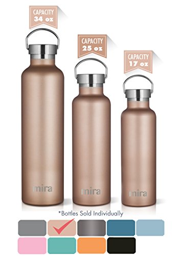 MIRA 25 oz Stainless Steel Vacuum Insulated Water Bottle | Keeps Your Drink Cold for 24 hours & Hot for 12 hours, Does Not Sweat | Large Capacity Sports Water Bottle with 2 Lids | 750 ml Champagne