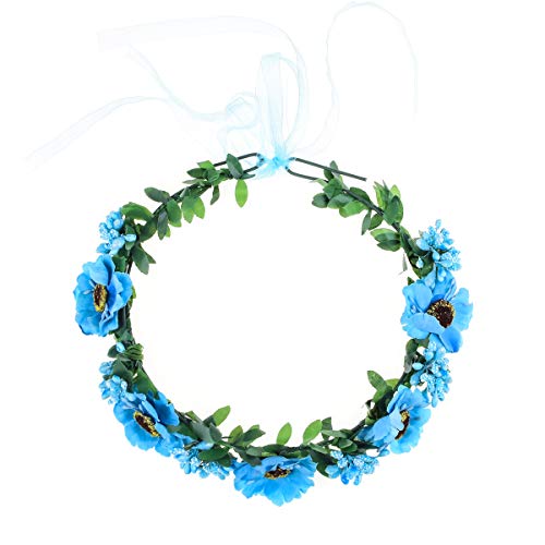 June Bloomy Rose Floral Crown Wreath Girls Flower Headband Boho Garland Halo Headpiece (Daisy Blue)