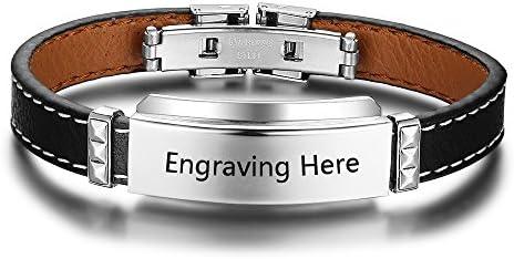 JewelOra Fathers Day Gift Personalized Stainless Steel ID Tag Bracelets DIY Custom Name Leather Bracelets for Men (style #1)