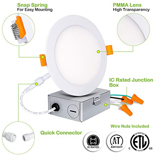 6 Pack 6 Inch Recessed Lighting with Junction Box, 14W=100W, 1100lm