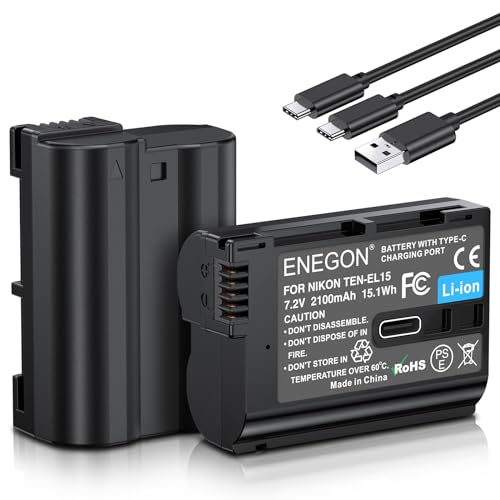 ENEGON EN-EL15 Replacement Batteries Compatible with Nikon ZF, Z5, Z5 II, Z6, Z6 II, z6III, Z7, Z7 II, Z8, D7100, D750,D7200, D610, D810,2100mAh (2-Pack), USB-C Direct Charging with 2-in-1 Cable.