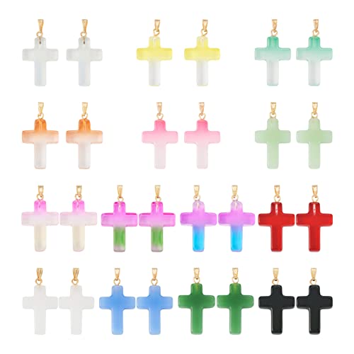 Crafans 28Pcs Glass Cross Charms, 14 Styles, 2pcs/Style, 28.5x18x4.5-5mm, Hole: 5.5-6.5x3mm, Transparent Crystal Lampwork, Perfect for DIY Jewelry Making