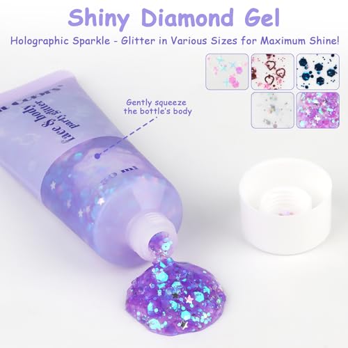 Set of 6 Body Glitter Gel, Glitter Gels, Face and Hair, Chunky Holographic Glitter for Makeup, Festival, Christmas, Easter, Party, Long-Lasting, Liquid Shimmer Gel for Eyes and Body