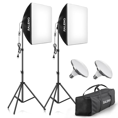 RALENO Studio Softbox Lighting Kit Photography, 2 x 50 x 50 cm Continuous Lighting Equipment with 50W LED Bulb, Universal Tripod Mount, Fabric Bag for Photo Studio Equipment