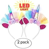 LED Unicorn Headband 2 Piece Set for Toddlers, Children, Teens, And Adults For Party. Decorative Floral Headpiece Long Lasting Flashing Lights. Glow In The Dark With On/Off Switch.