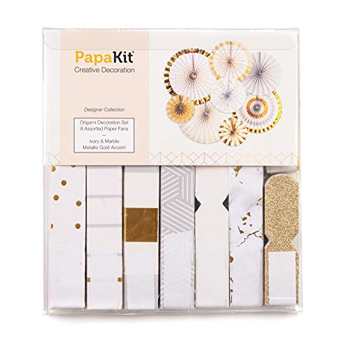 PapaKit Origami Wall Decoration Set (8 Assorted Round Paper Fans) Birthday Party Baby Shower Wedding Events Decor | Creative Art Design Pattern (Ivory & Marble with Metallic Gold Accent, 8 Piece Set) - Thumbnail 5