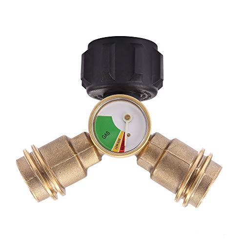 Champs Propane Y-Splitter Tee Adapter Connector with Propane Tank Gauge Level Indicator Leak Detector Gas Pressure Meter, QCC Female 1 and QCC Male 2