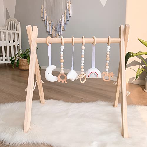 AM ANNA Wooden Baby Gym with 6 Wooden Baby Gym Hanging Toys, Foldable Wooden Activity Baby Play Gym Hanging Bar Newborn Gift Baby Girl and Boy Gym (Natural Color with 6 Hanging Toys)