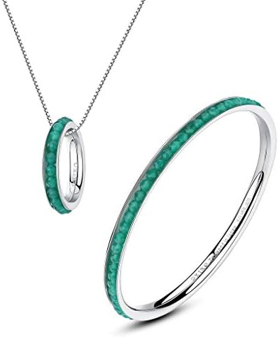 OKIKO Women 925 Silver Faceted Round Birthstone/Gemstone Beads Circle Charm Pendant Necklace and Bangle Set