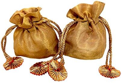 SURPRISE SOMEONE Tissue Potli with golden string and gota flowers | Potli Purse For Gifting, Packing Dry Fruits | Small size (pack of 10)