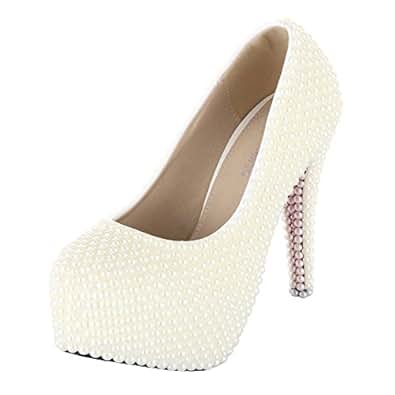 Amazon.com | VELCANS Womens White Pearl High Heels