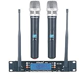 GTD Audio 2x100 Adjustable Frequency Channels UHF Wireless Microphone DJ Karaoke Mic System Long Range 400Ft, Battery Life 12 Hours (2 Handheld Mics)