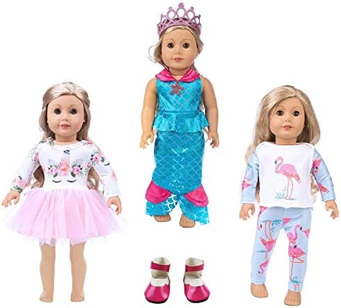 LAISHOW 3Sets Unicorn Dolls Clothes 18 Inch Baby Dolls Pajamas with Flamingo Pattern & Mermaid Dolls Dress with Elastic Band Crown Shoes for American Girl Dolls 40cm ~46cm