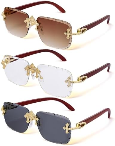 Triple Cross Rimless Sunglasses Unisex Frameless Shield Shades Streetwear Iced-Out Triple Cross Sunglasses — Frameless Diamond-Cut  main image 4