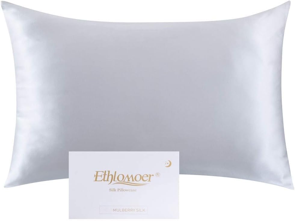 Ethlomoer 100% Natural Pure Silk Pillowcase for Hair and Skin, 19 Momme on Both Sides, 600 Thread Count, Design with Hidden Zip, 1 Piece, 40 x 60 cm, Light Grey
