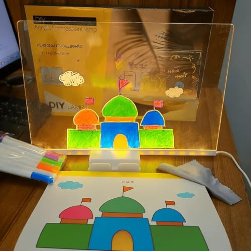 Quadro de Desenho Luminária LED para Escrita com 7 Canetas – Lousa de Mesa para Anotações em Acrílico com Efeito 3D