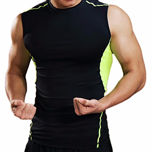 CFR Sport Base Layer Compression Tights Vest Men Activewear Muscle Tank for Fitness Workout Running Rashguard Black&Green,XL UPS Post