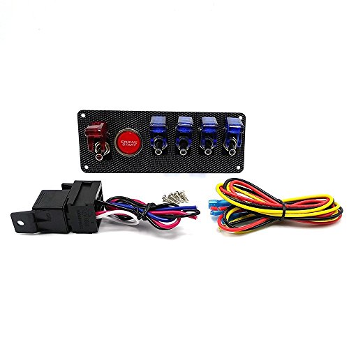 Amadget 12V Racing Car Ignition Switch Panel, Auto Engine Starter Push Button Racing Ignition Switch + 4 Blue & 1 Red LED Toggle Button Panel