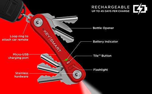 KeySmart Pro - Compact Smart Key Holder w LED Flashlight & Tile Bluetooth, EDC Key Organizer, Attach Car Key Fob, Other Mini Tools & Accessories (up to 10 Keys, Red) - Discontinued