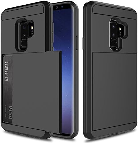 USHAWN Galaxy S9 Plus Case, Sliding Card Holder Dual Layer Hybrid TPU Bumper Protection Defender Shockproof Anti-Scratch Rugged Wallet Case Cover for Samsung Galaxy S9 Plus / S9+ (Black)
