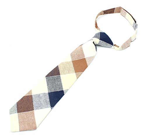 Kids Cotton Formal Necktie Tie Modern Large Checker Pattern Light Bright Colors - Camel/Navy/White