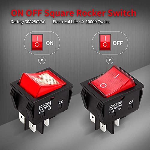 DaierTek 30A 250V KCD2 KCD4 Rocker Switch DPST 4 Pin Red Lighted 120V