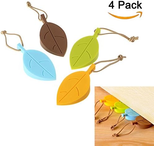 Oopsu Leaf Style Silicone Door Stopper, Wedge Finger Protector, Cute Cartoon Flexible Silicone Window/ Door Stops set with Lanyard (4 Pack, Green, Yellow, Blue, Coffee)