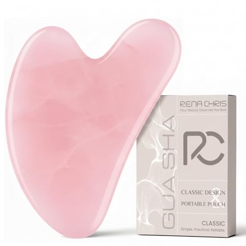Rena Chris 100% Natural Rose Quartz Gua Sha Stone, Face Guasha Tool for Jawline Sculpting and Puffiness Reducing, Gua Sha Massage Tool Suitable for Daily Skin Care Routine (Pink)