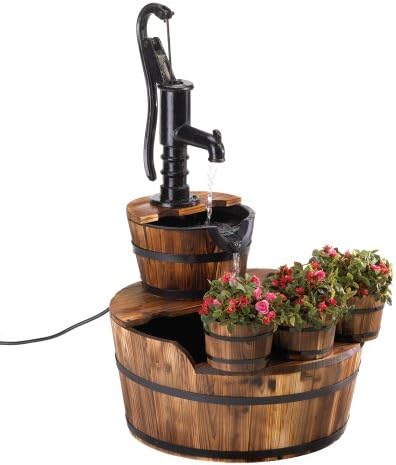 Old Fashioned Wooden Barrels Outdoor Yard Garden Decor Water Pump Cascading Fountain