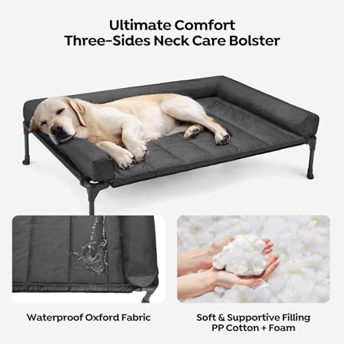 Veehoo Elevated Dog Bed, Lifted Dog Ded Add Waterproof Removable Pillow-Top Mat, Raised Pet Cot with Breathable Mesh, No-Slip Feet, Bolster Dog Cot Bed for Indoor & Outdoor, 107 x 76 cm, Black