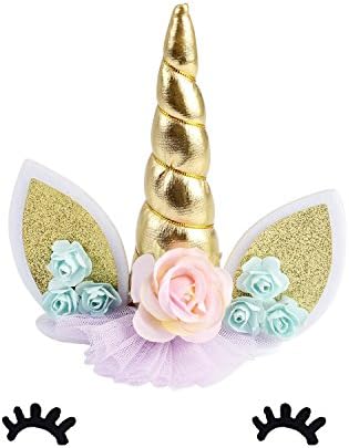 Lifereal Unicorn Cake Topper Unicorn Horn Ears and flowers Set Unicorn Baby Shower/Birthday/Wedding/Party Cake Decoration Set (white)
