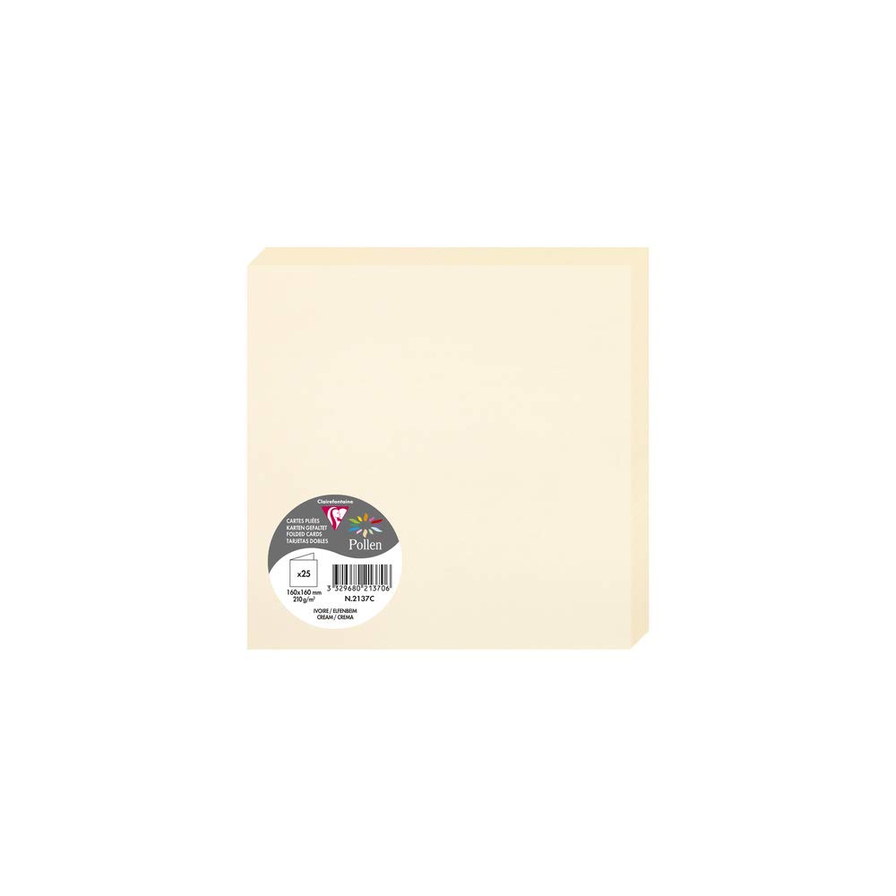 Clairefontaine 2137C Pack of 25 Double Cards Square Format 16x16cm 210g/m² Cream Colour Invitation and Correspondence Cards Pollen Range Smooth Premium Paper