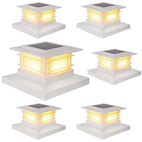 Dynaming 6 Pack Solar Post Cap Lights Outdoor, White Shell Fence Post Solar Lights Fit for 4x4 5x5 6x6 Vinyl/Wooden Posts, High Brightness Warm White SMD LED Lighting Decor for Garden Deck Patio