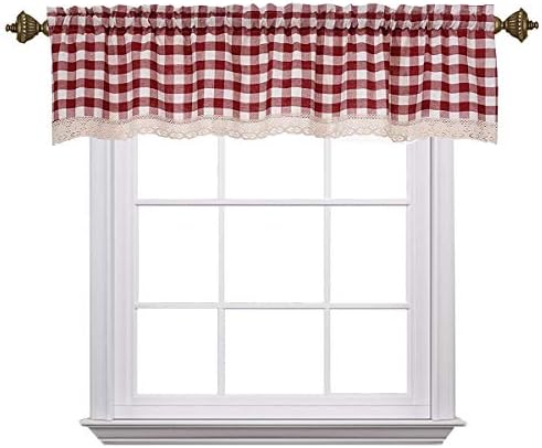 Curtain Valances for Windows Gingham Cotton Blend Window Curtains for Kitchen Living Dining Room 58 x 15 inches Rod Pocket 1 Plaid Valance Wine/Burgundy