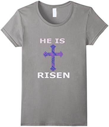 Women's HE IS RISEN JESUS CHRIST CROSS T-SHIRT Small Slate