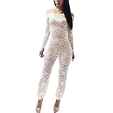 Elegant New Women Lace No Liner White Sheer Sexy Long Sleeve Boat Neck Jumpsuits