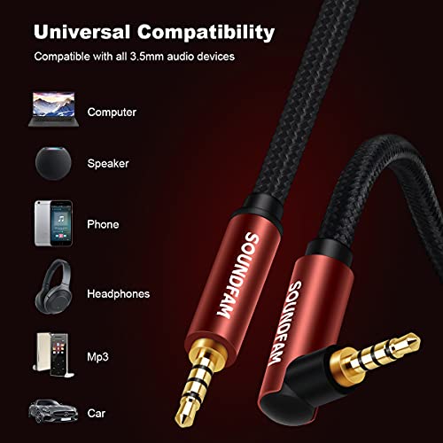 SOUNDFAM 90 Degree AUX Audio Cable [New Wine Red 3.3ft/1m] Right Angle TRRS 3.5mm Headphone Cable Support Mic Function 4-Pole Male to Male Stereo Auxiliary Cord for Phone, Headphones, Car, Speaker