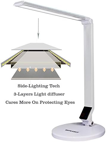 WITLIGHT LED Dimmable Desk Lamp, 5 Dimming Levels with Touch Sensitive, Eye-Caring Tech, 5500-6500K, Daylight White Table Light, Folding & Rotating, Memory Function, White with Silver Head