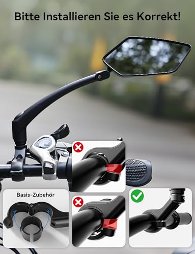 Bicycle Mirror for E-Bike Left, 360° Foldable & Rotatable Bicycle Rear View Mirror, Bicycle Mirror Left for Ebikes with Large Mirror Surface, Long Arm and Impact-resistant Real Glass, E Scooter
