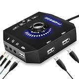 External Sound Card, PHOINIKAS USB Audio Adapter with 3.5mm Headphone and Microphone Jack, Volume Control, Stereo Sound Card Plug Play, for Windows, Mac, Linux, PC, Laptops, Desktops (6-in-1, Black)